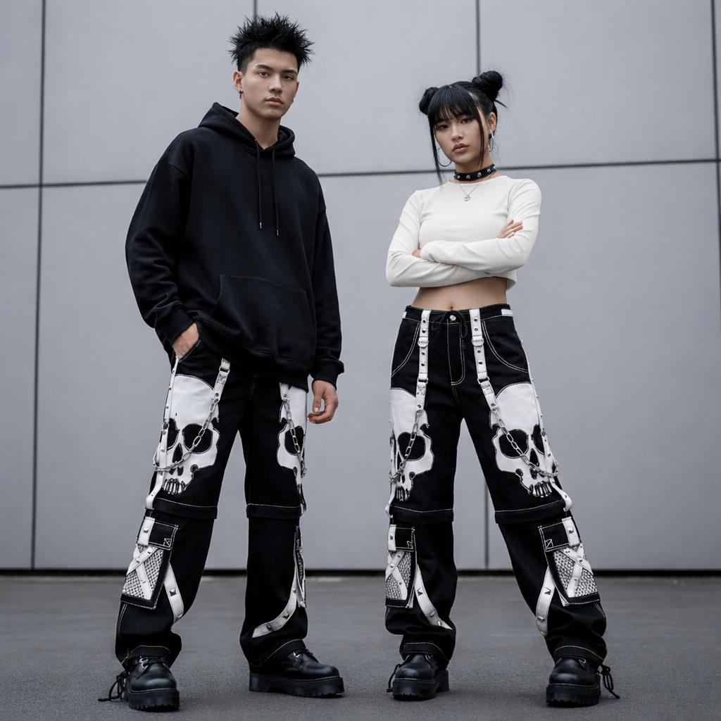 Skull Graphic Cargo Pants of Gothic Techwear With Chain Detail - Etsy