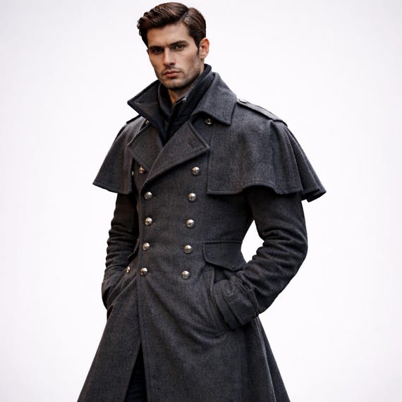 Gray Wool Victorian Inverness Cape Coat With Double Breasted