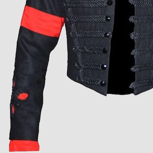 Close-up detail of gold military braiding and premium black wool fabric on Michael Jackson MTV Awards inspired jacket.