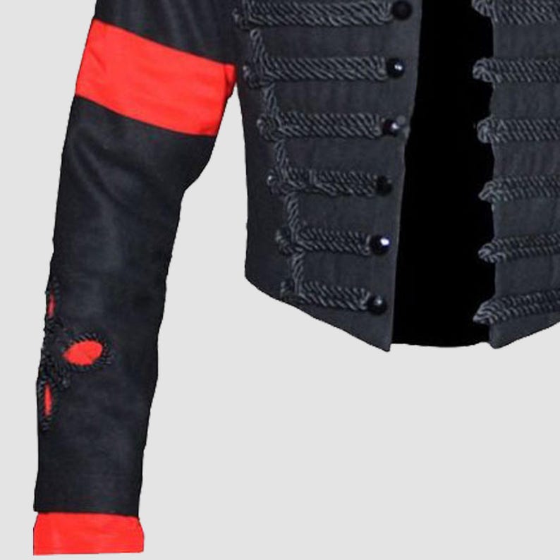 Close-up detail of gold military braiding and premium black wool fabric on Michael Jackson MTV Awards inspired jacket.