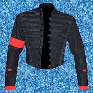 Michael Jackson black military jacket inspired by MTV Awards, featuring gold embellishments on black wool fabric.