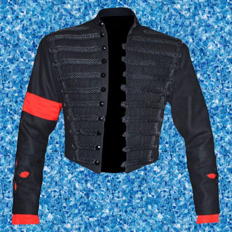 Michael Jackson black military jacket inspired by MTV Awards, featuring gold embellishments on black wool fabric.