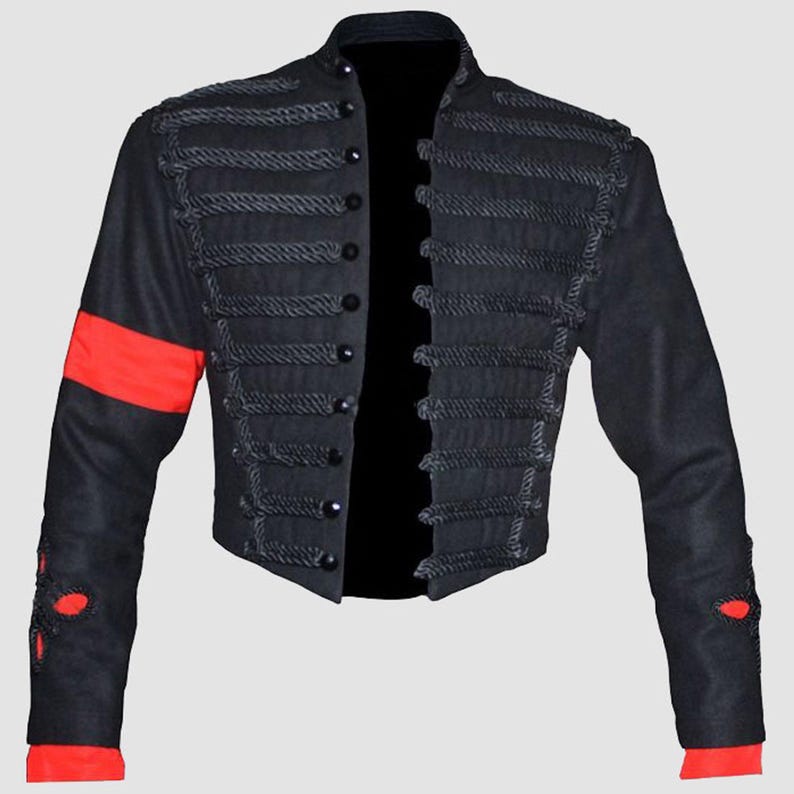 Michael Jackson black military jacket inspired by MTV Awards, featuring gold embellishments on black wool fabric.