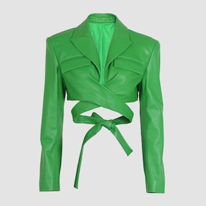 Green Leather Cropped Blazer | Tie-Wrap Waist Design