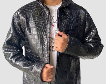Men’s Black Crocodile Embossed Leather Jacket – Exotic Alligator Pattern Biker Coat