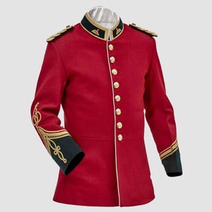May include: A red military jacket with gold buttons and green and gold trim on the sleeves and collar.