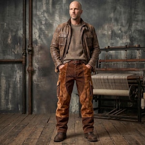 Puede incluir: Una chaqueta de cuero marrón sobre un suéter de cuello redondo color canela y pantalones cargo de gamuza marrón con bolsillos laterales. Los pantalones presentan un diseño marrón multitono con paneles reforzados en muslos y piernas, y botas de cuero.