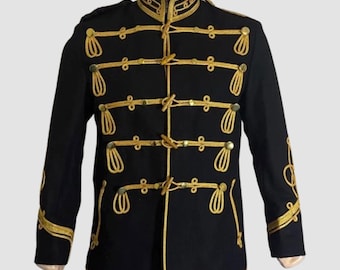 Men’s Black Wool Hussar Jacket | Gold Braided Military Parade Coat