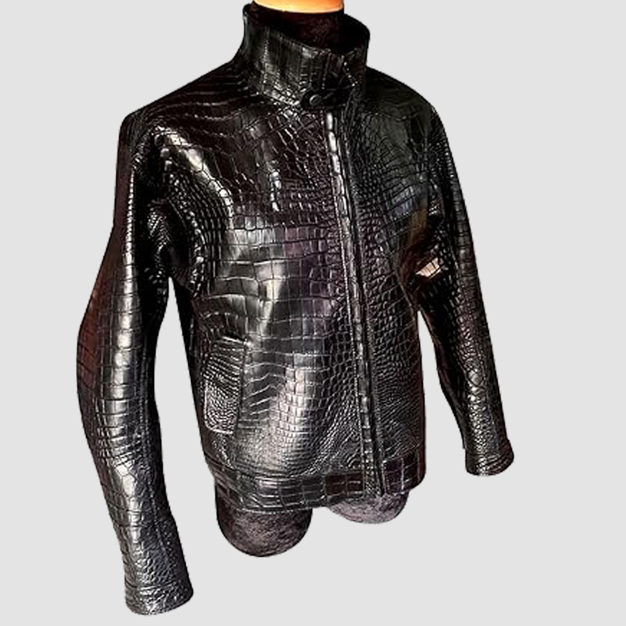 メンズ ブラック クロコダイル型押しレザージャケット - エキゾチック