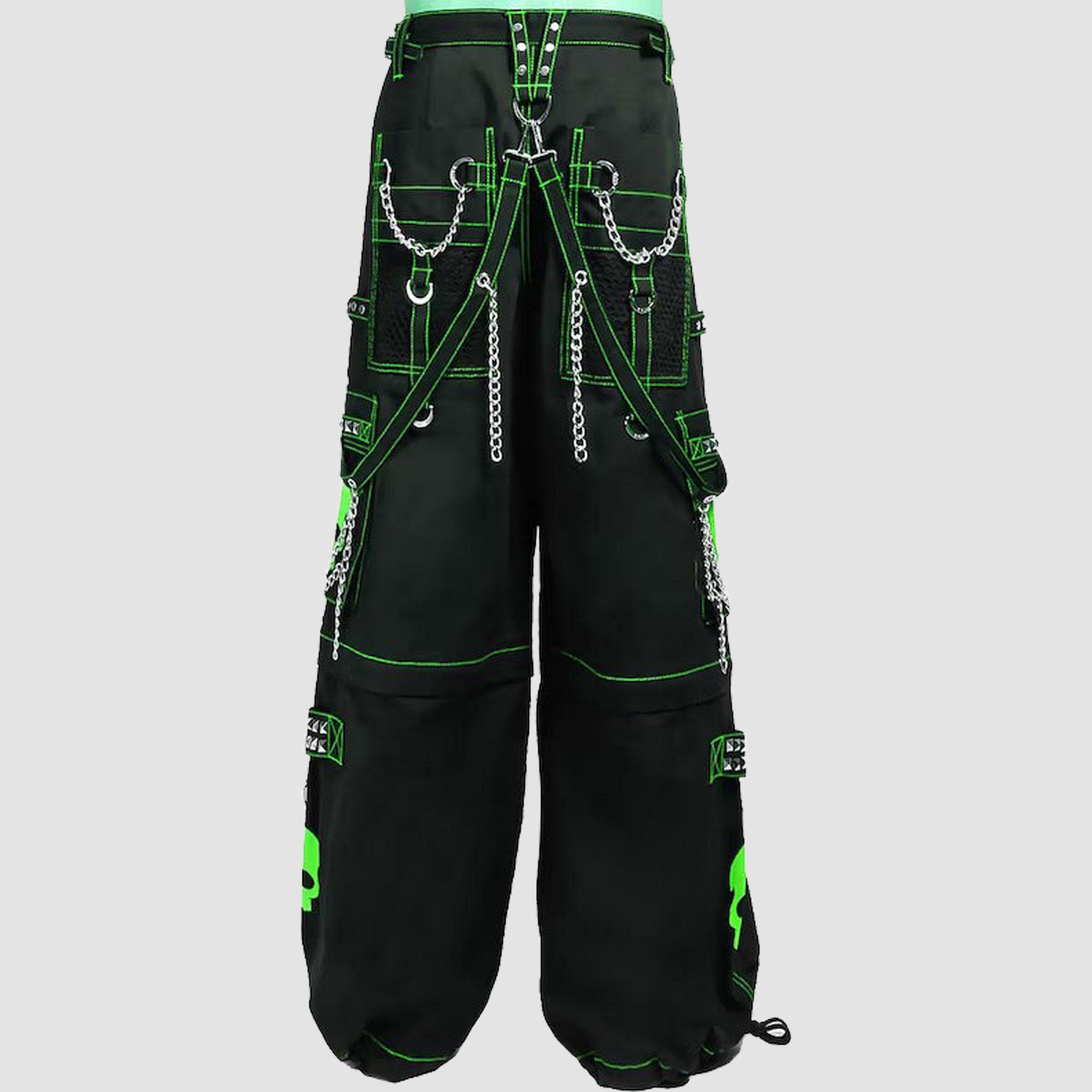 Punk Gothic Cargo Pants | Black With Green Stitching, Neon Skulls 