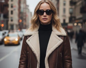 Chaqueta de Cuero Marrón con Shearling para Mujer | Estilo Biker Aviador | Abrigo de Invierno de Cordero Hecho a Mano