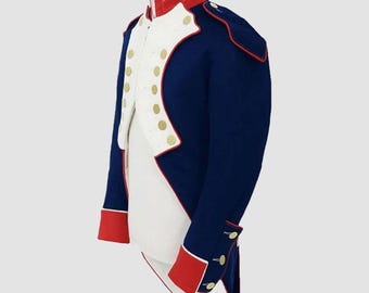 May include: A blue and white military jacket with red trim and gold buttons. The jacket has a long tail and is made of a thick fabric.