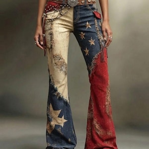 Handgemachte Patchwork Flare Jeans mit amerikanischer Flagge, Distressed Denim Schlagböden