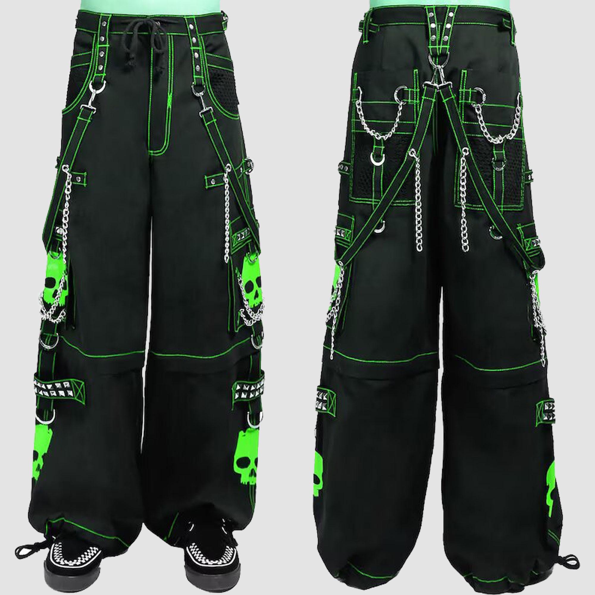 Punk Gothic Cargo Pants | Black With Green Stitching, Neon Skulls