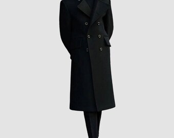 Victorian Overcoat Men's Black Wool Double-breasted Military