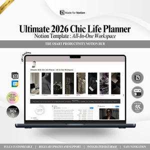 May include: A digital Notion template titled Ultimate 2026 Chic Life Planner displayed on a laptop screen. The interface features a dashboard with multiple image-based categories, a clock widget, task lists, and a dark mode toggle option.