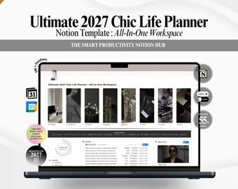 Könnte beinhalten: Eine digitale Notion-Vorlage mit dem Titel Ultimate 2027 Chic Life Planner auf einem Laptop-Bildschirm. Die Benutzeroberfläche zeigt ein Dashboard mit mehreren bildbasierten Kategorien, einem Kalender, Aufgabenlisten und einem Arbeitsbereich.