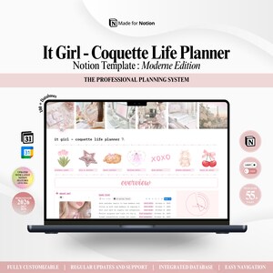 May include: A digital planner template displayed on a laptop screen titled It Girl - Coquette Life Planner Notion Template: Moderne Edition. The interface features pink pastel icons, a task list, and an overview section with various widgets.