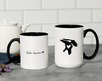 Lake Huron Black Accent Ceramic Coffee Mug: Great Lakes Gift Souvenir 11oz 15oz
