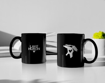 Lake Huron Black Ceramic Coffee Mug: Great Lakes Gift Souvenir 11oz 15oz