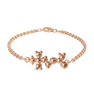 May include: Rose gold bracelet with a series of small, stylized teddy bear figures and round beads. The bracelet has a delicate chain with a lobster clasp. The design is simple and elegant, suitable for everyday wear.