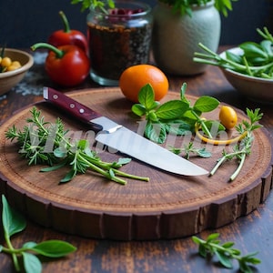 Könnte beinhalten: Ein Edelstahl-Kochmesser mit dunklem Holzgriff liegt auf einem runden Holzschneidebrett. Frische Kräuter, Tomaten und eine Orange umgeben das Messer und deuten auf ein kulinarisches Thema hin. Gewürzgläser und eine Schüssel mit gelben Beeren befinden sich im Hintergrund.
