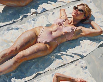Bikinis at the beach/pool sunbathing wall art | funky vertical print