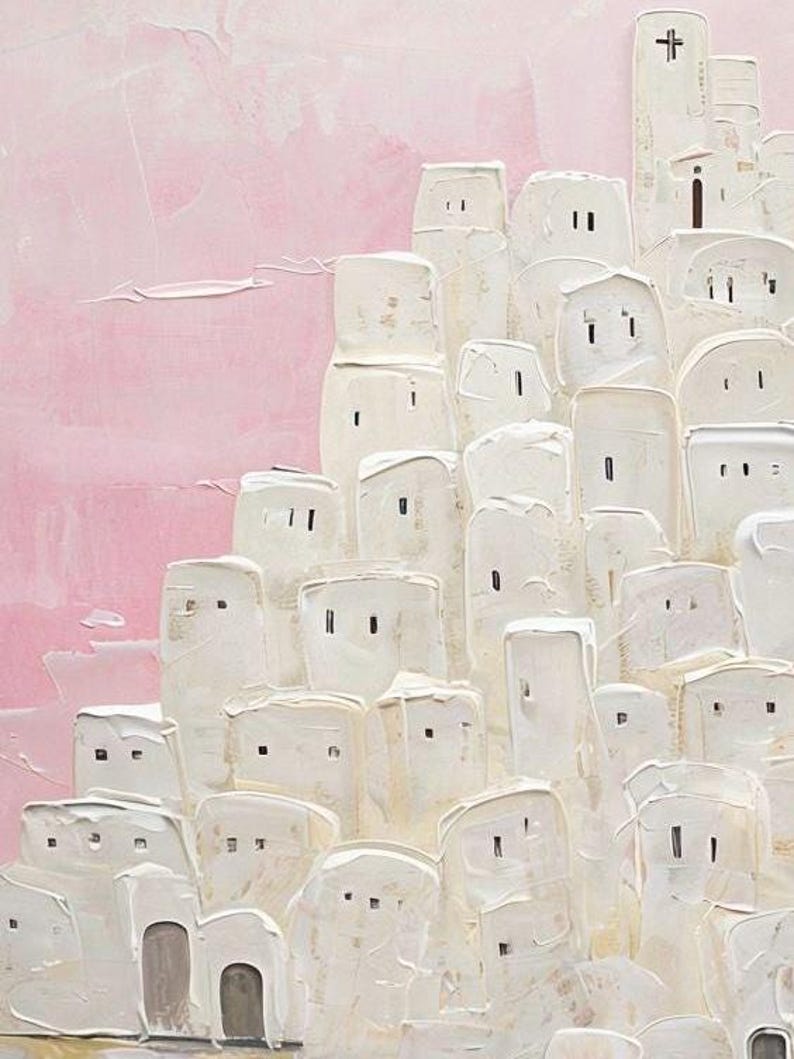 May include: A painting of a white village with a pink sky. The village is made up of many small, white buildings with windows and doors. The sky is a soft pink color, and there are clouds in the distance.