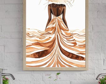 lady in stripe sundress with straw hat | vertical wall art | neutral summer print