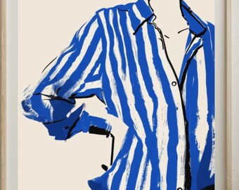 Lady in blue and white striped shirt | vertical print | Funky wall art |