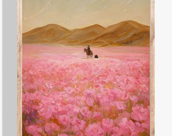 Fält av rosa blommor | vertikal väggkonst för ridning