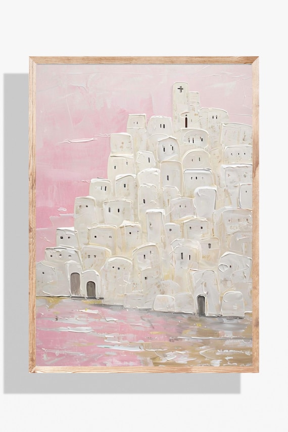 Seaside village | pink and cream vertical wall art