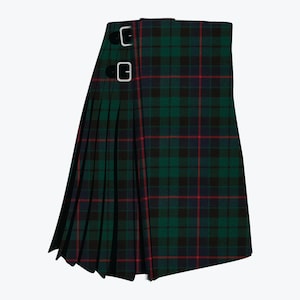May include: A kilt featuring a dark green, black, and thin red plaid tartan pattern. The garment includes a pleated section on the left side and two black leather straps with silver-toned metal buckles on the right side for adjustable fastening.