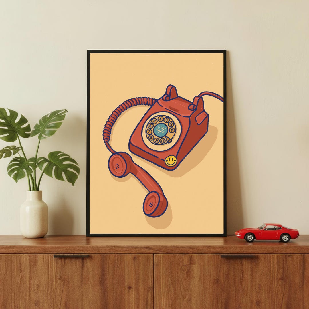 80s Telephone Poster | Retro Hand Drawn Wall Art | Mid Century