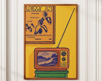 Retro TV Poster, Hand Drawn Lemon Movie Art, Vintage Gaming Room Decor (Digital Print)