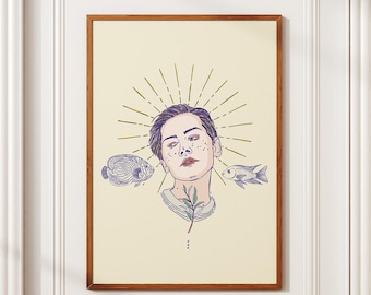 Line Art Portrait Print, Minimalist Hand Drawn Poster, Boho Wall Art (Digital Download)
