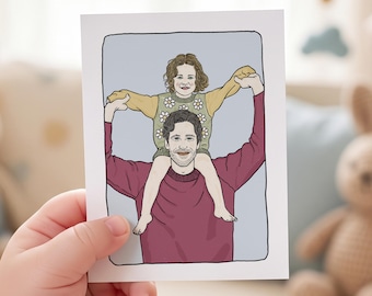 Op de afbeelding: Een rechthoekige kunstdruk met een digitale illustratie van een persoon met bruin haar in een bordeauxrode trui, die een kind op de schouders draagt. Het kind draagt een gele trui met witte bloempatronen. De achtergrond is lichtgrijs.