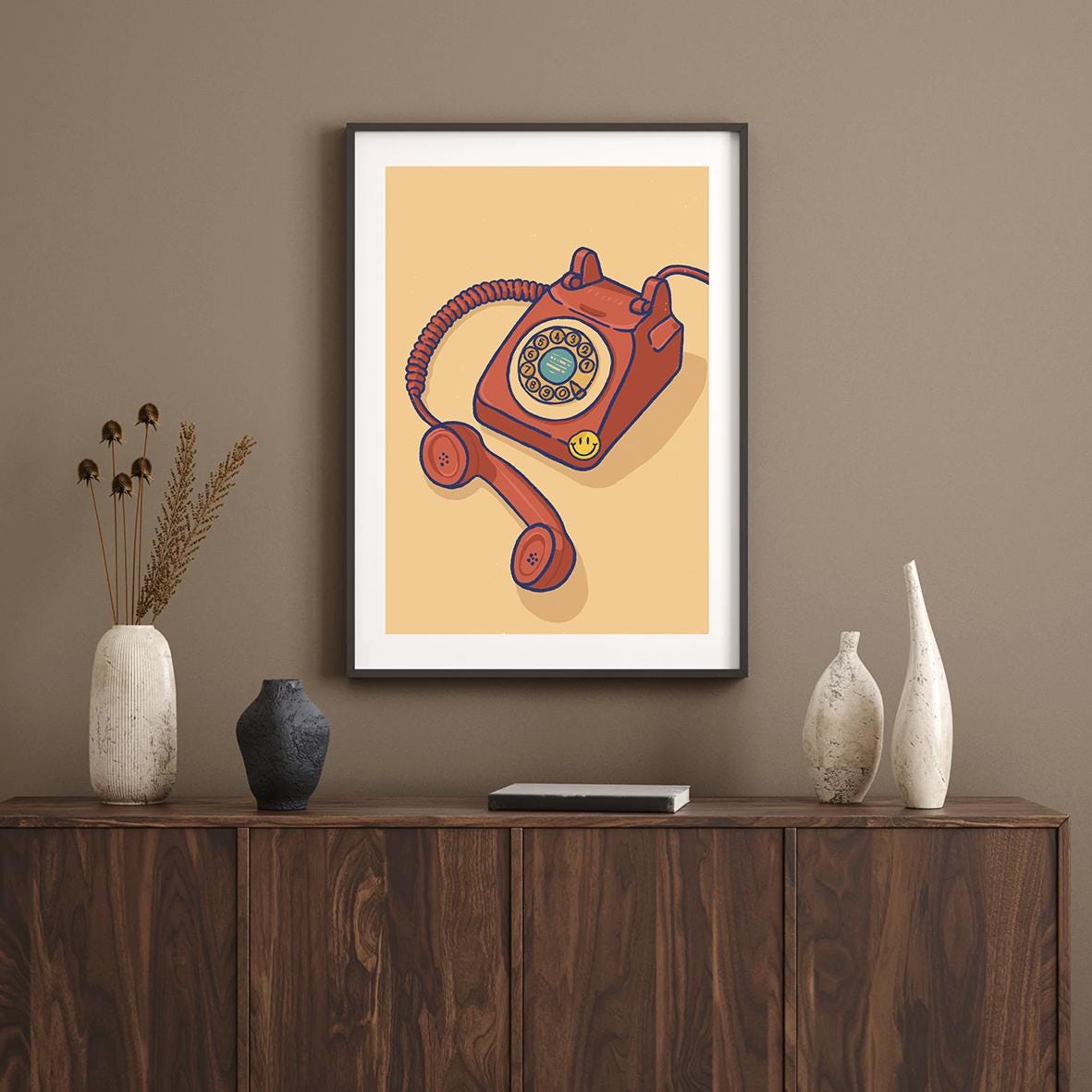 80s Telephone Poster | Retro Hand Drawn Wall Art | Mid Century