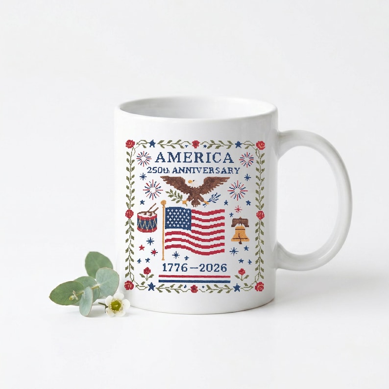 White ceramic America 250th anniversary mug with a cross-stitch–style eagle, US flag, Liberty Bell and drum, reading "America 250th Anniversary 1776–2026" — vintage Americana semiquincentennial keepsake gift.