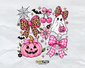 Pink Halloween PNG Leopard Checkered Coquette Bow Ghost Pumpkin Sublimation Cute Girly Spooky Shirt Design