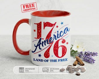 1776 America Mug, 4th of July Patriotic Coffee Cup, America 250th Anniversary Gift, Faux Glitter Land of the Free, Red White Blue Mug