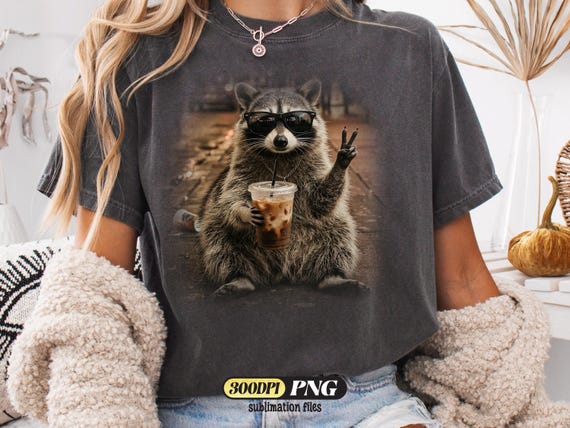 Raccoon Drinking Iced Coffee PNG, Coffee Raccoon PNG, Funny Animal Meme PNG, Retro Prehistoric Png, Gift For Animal Lover, Digital Download