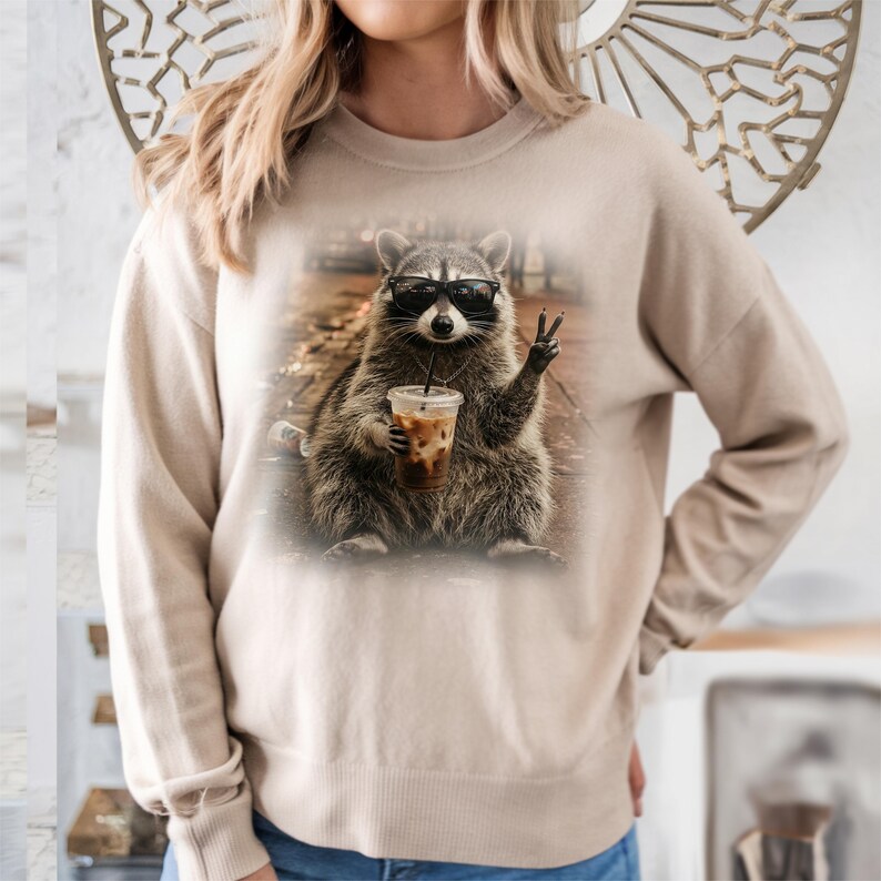 Trendy animal raccoon graphic with peace sign and sunglasses