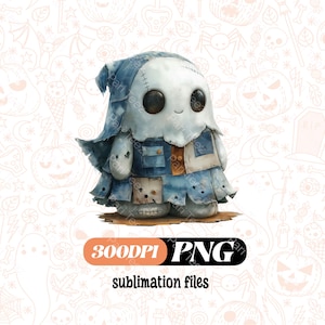 May include: A watercolor illustration of a cute ghost character with large black eyes, wearing a patchwork denim outfit. The ghost is standing on a brown surface, with the text "300DPI PNG sublimation files" at the bottom.
