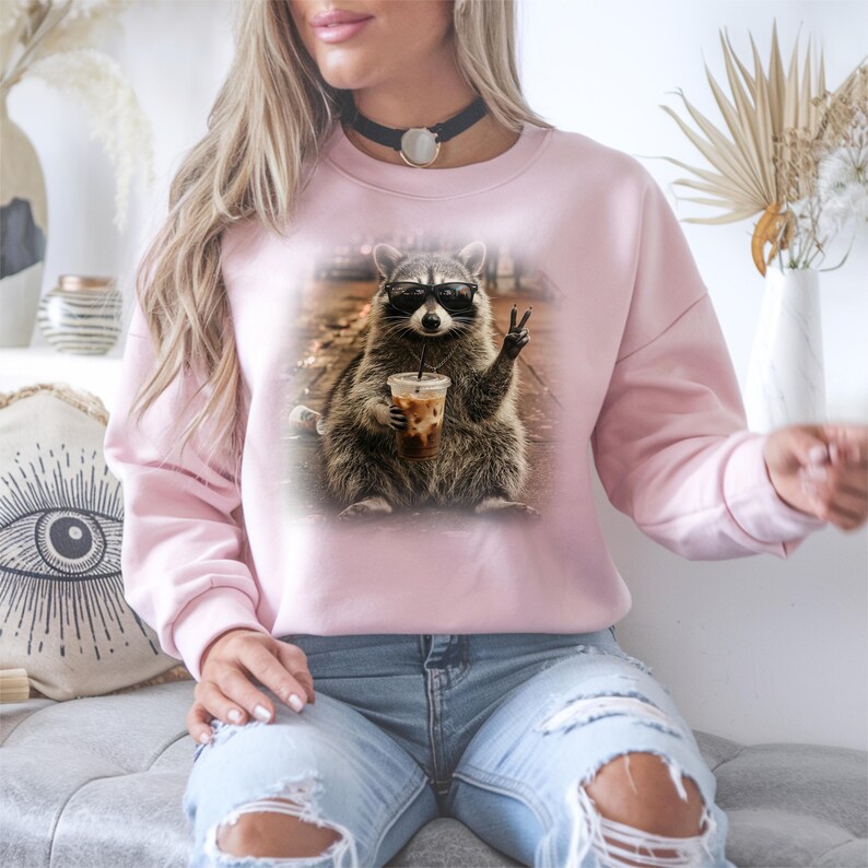Cute raccoon coffee lover illustration with sunglasses and drink