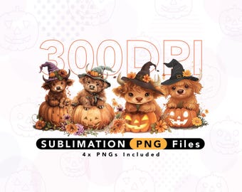 Fall Baby Highland Cow PNG, Retro Halloween Highland Cow Clipart Bundle, Autumn Cow Sublimation Design, Trendy Cute Highland Cow Design