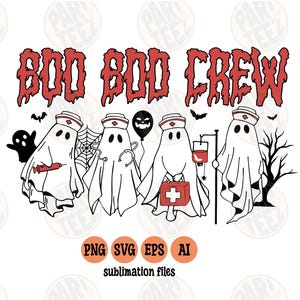 Puede incluir: Un gráfico con temática de Halloween con el texto "BOO BOO CREW" en rojo, encima de cuatro personajes fantasma vestidos de enfermeras. Los fantasmas sostienen herramientas y accesorios médicos. Incluye murciélagos, una telaraña y un globo negro.