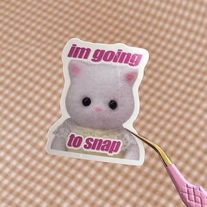 May include: A white sticker featuring a cartoon white cat with pink ears and a pink and white dress. The sticker reads "im going to snap" in pink lettering.