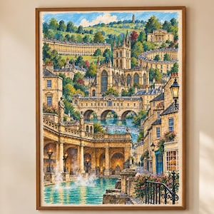 Lámina con los monumentos de la ciudad de Bath, ilustración dibujada a mano, arte arquitectónico británico.