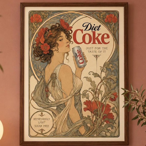 Art Nouveau Diet Coke Print, Vintage Floral Retro Poster, Maximalist Kitchen Decor